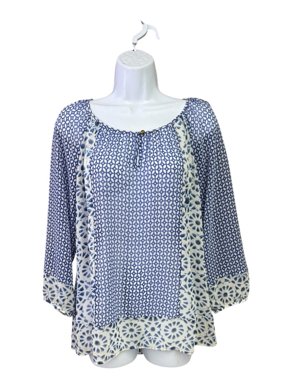 Banana Republic Navy & White Printed Boho Peasant Top size small semi sheer